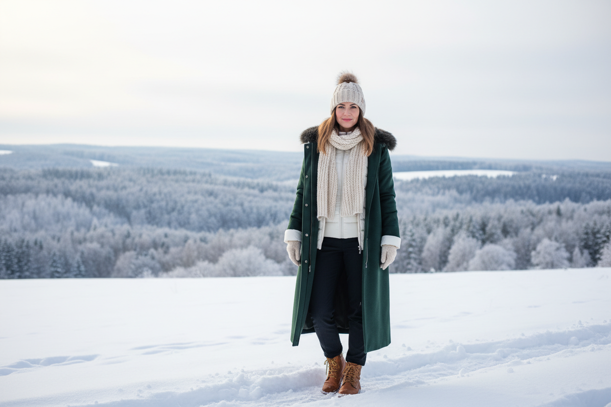 a woman in lithuanian winter wearing a coat and a jacket