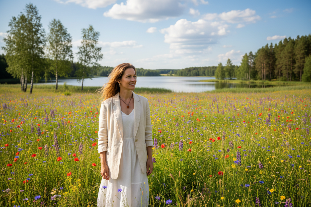 a woman wearing a jacket in a lithuanian summer