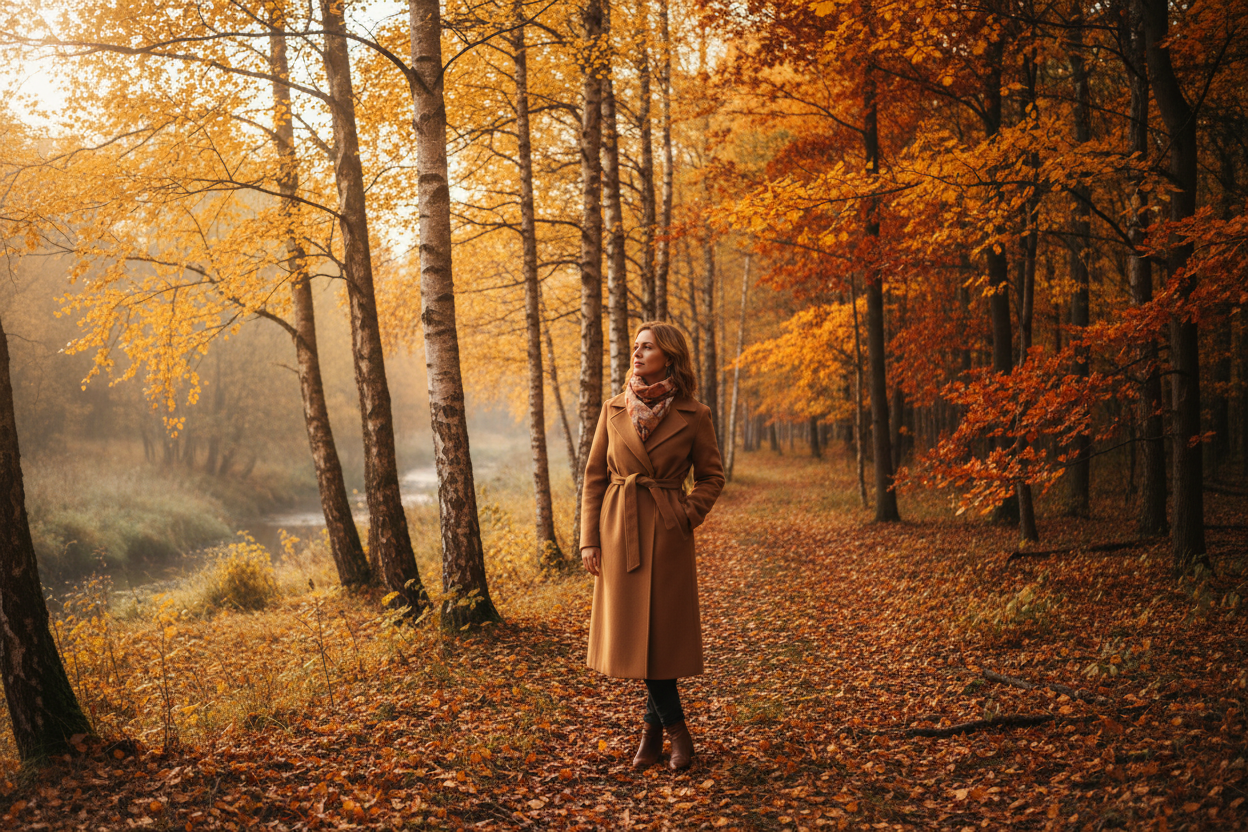 a woman with a coat in the nature of lithuanian fall
